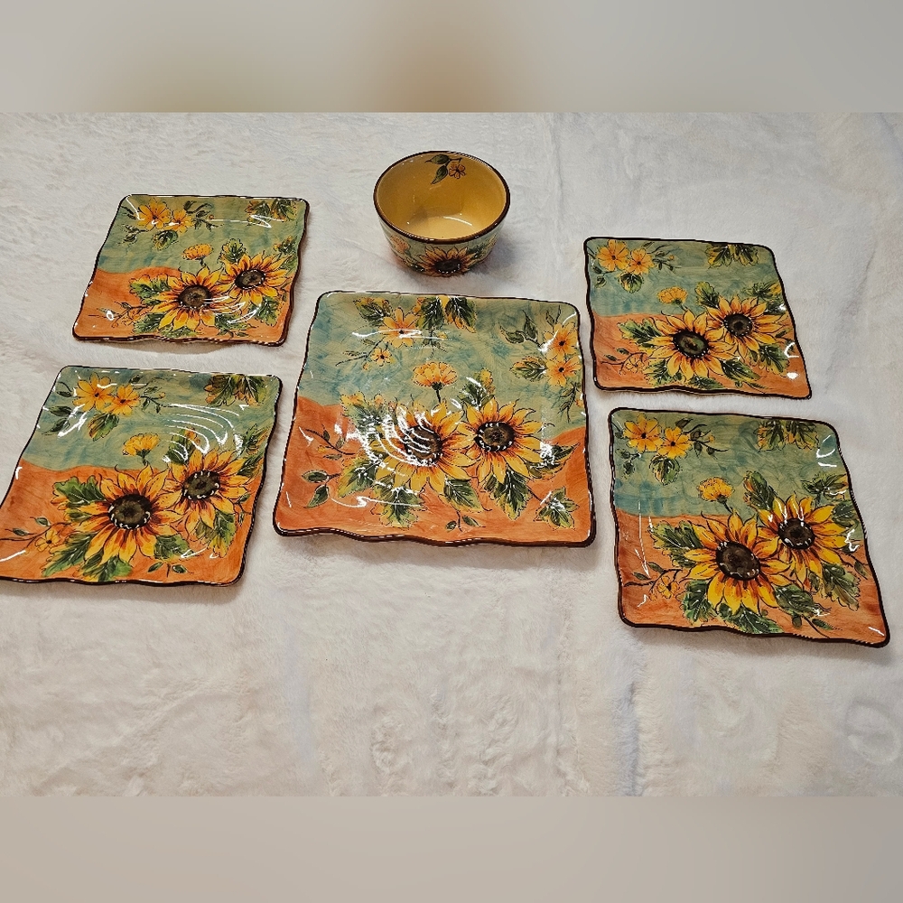Maxcera Terra Cotta Sunflower Square Dinnerware Set